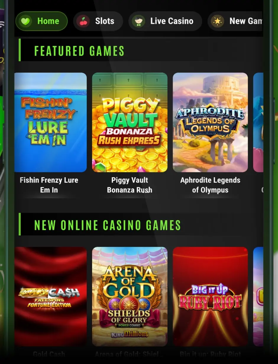 888 Casino app featured games screen on a phone
