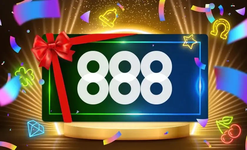 888 gift card with a red ribbon on a stage
