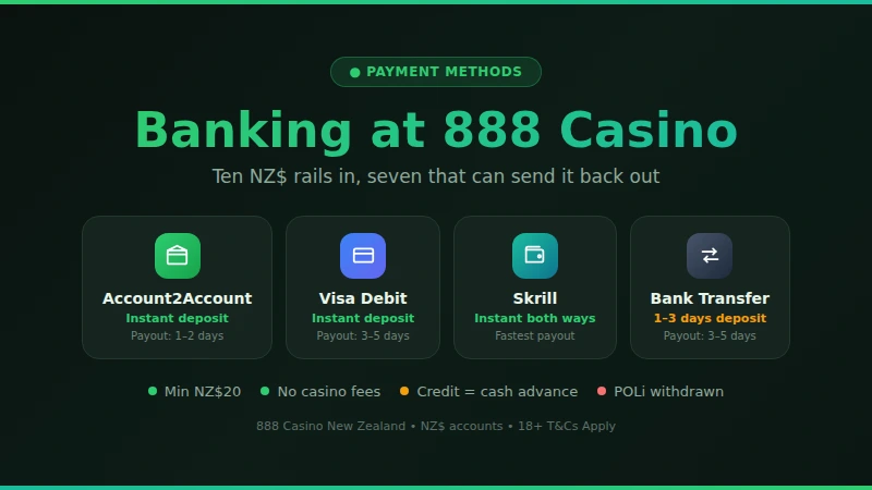 The main 888 Casino payment methods for New Zealand players with their NZ$ limits and speeds