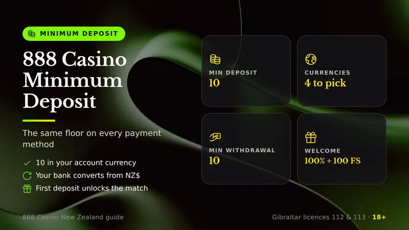 888 Casino minimum deposit of 10 in your account currency